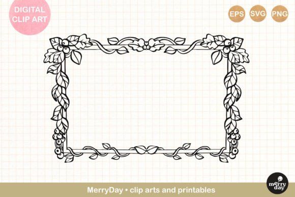 Berry and Leaves Frame Border Line Art: Graphics for Print Templates